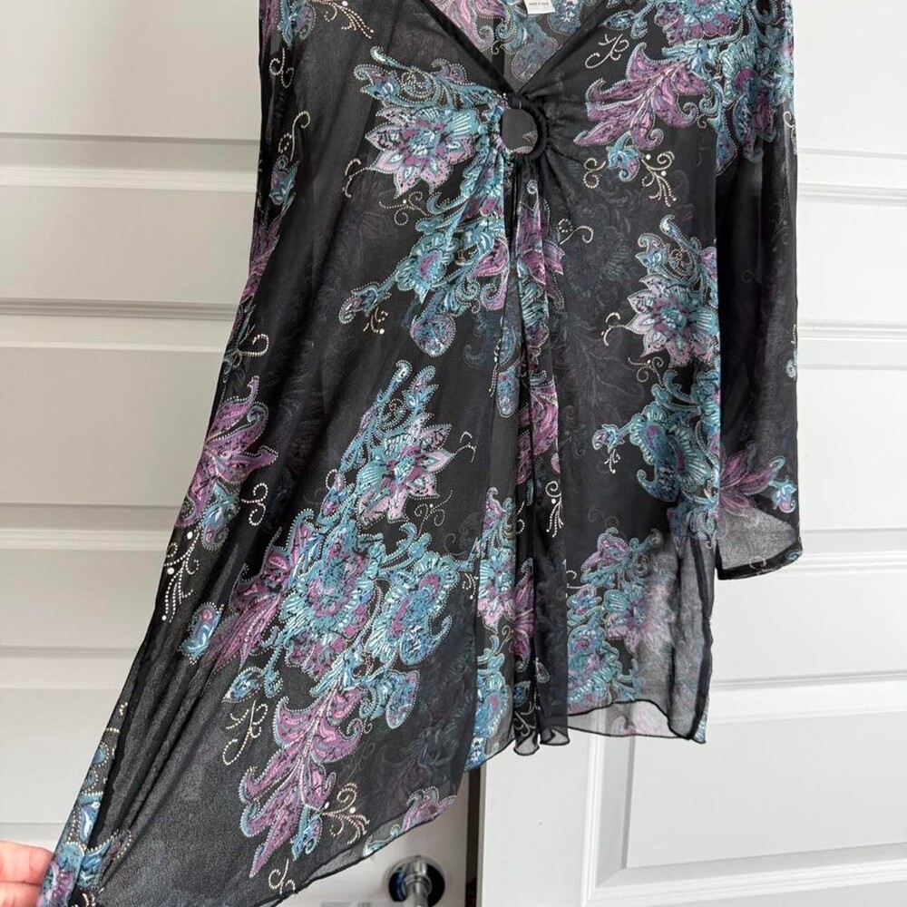 Black sheer blouse with purple and teal floral print #fairycore #whimsygoth